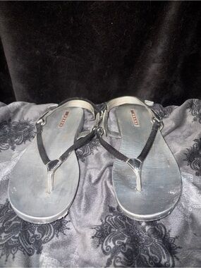 Prada Black Leather Thong Sandals with Silver Accents